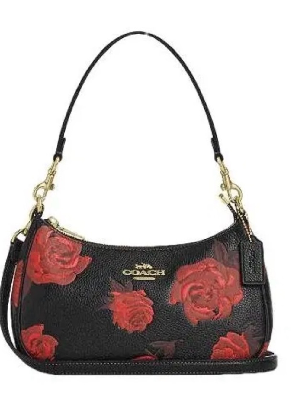 Coach Black Leather Shoulder Bag with Red Rose Motif